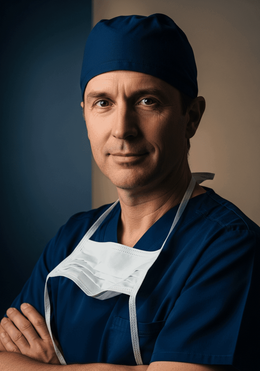 Orthopedic and spine surgeon in navy scrubs, cinematic studio portrait